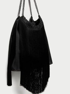 Zara Black Boho Fringe Shoulder Faux Leather Bag
